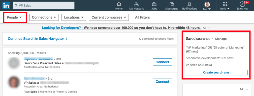 If you find a search term that produces good search results using LinkedIn’s Advanced Search, you can save that search so you can continue getting fresh results from it.